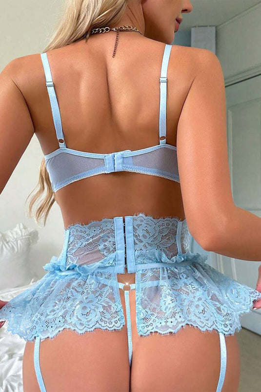 Sous-vêtements fantaisie à volants et lacets bleus