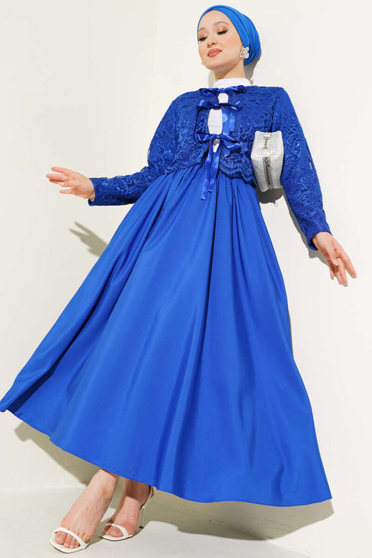 Lace Bow Tie Skirted Two Piece Suit Saxe