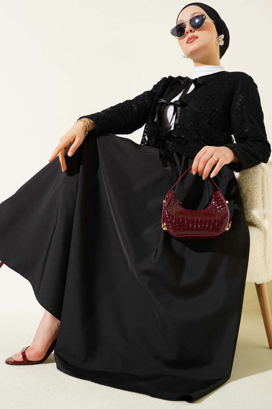 Lace Bow Tie Skirted Two Piece Set Black