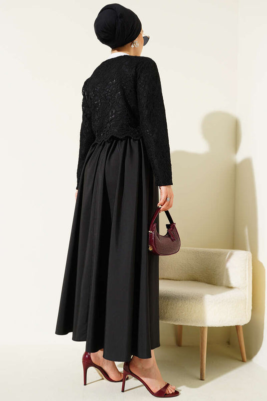 Lace Bow Tie Skirted Two Piece Set Black