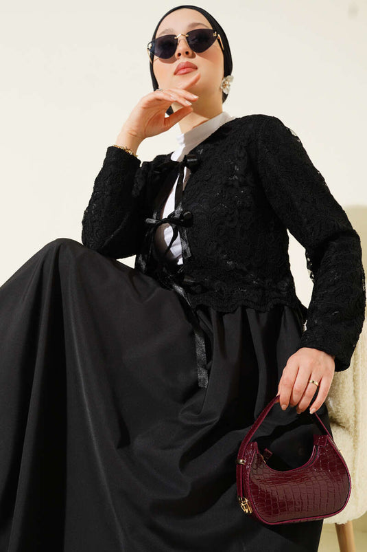 Lace Bow Tie Skirted Two Piece Set Black