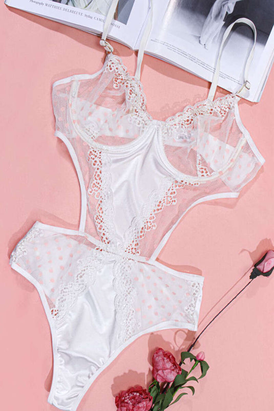 Lace Strappy Bodysuit White Powder Pink