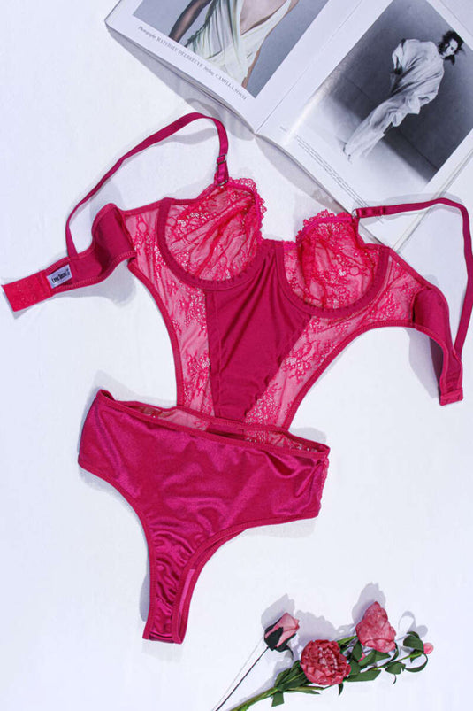 Lace Strappy Bodysuit, Fuchsia