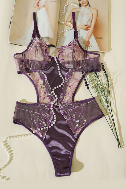 Lace Strappy Bodysuit, Plum