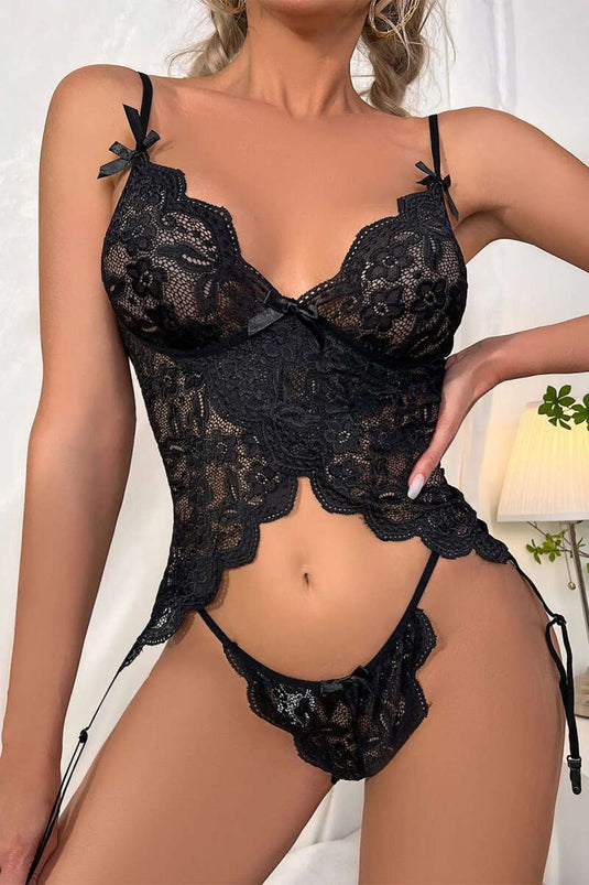 Dantelli İp Bağcıklı Fantezi İç Giyim Siyah