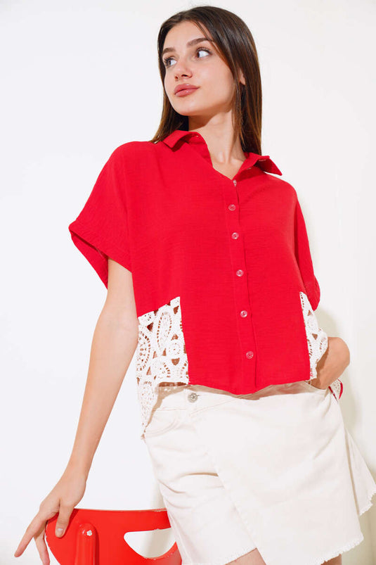 Lace Short Sleeve Linen Shirt Red