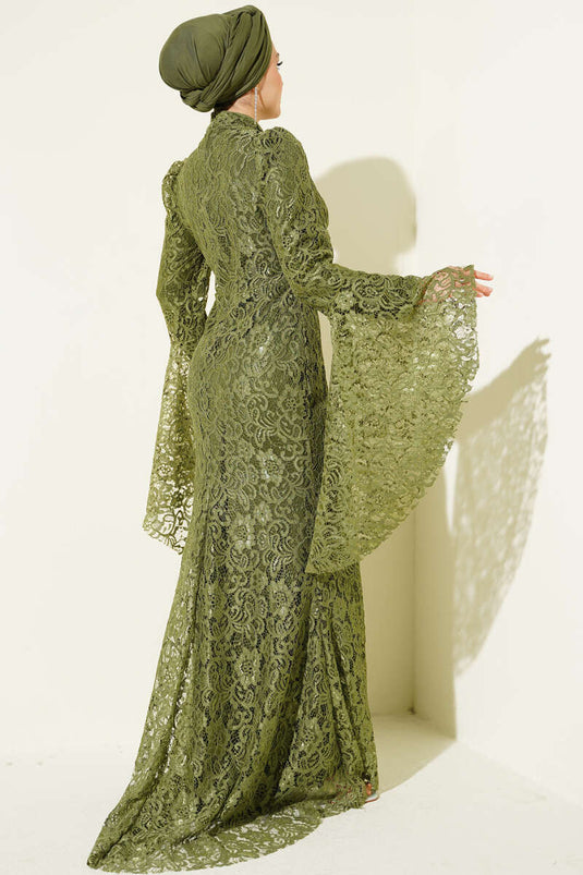 Lace Sleeve Ruffled Fishcut Evening Dress Khaki