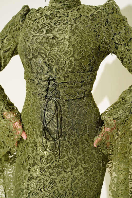 Lace Sleeve Ruffled Fishcut Evening Dress Khaki
