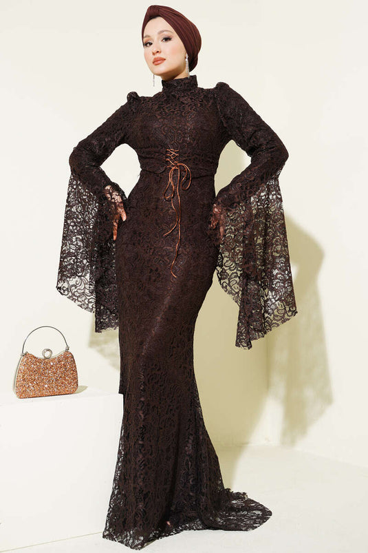 Lace Sleeve Ruffled Mermaid Style Evening Dress Brown