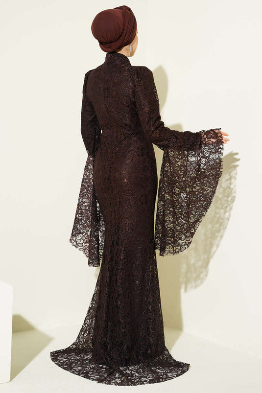 Lace Sleeve Ruffled Mermaid Style Evening Dress Brown