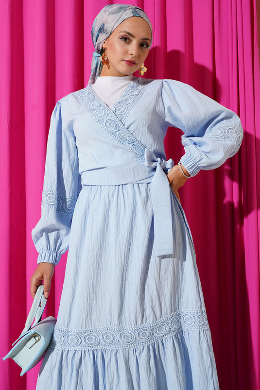 Dantelli Önden İp Bağlamalı İkili Takım Bebe Mavi