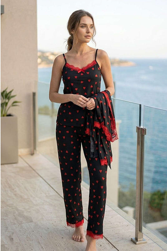 Dantelli Sabahlıklı 3'lü Pijama Takımı Siyah