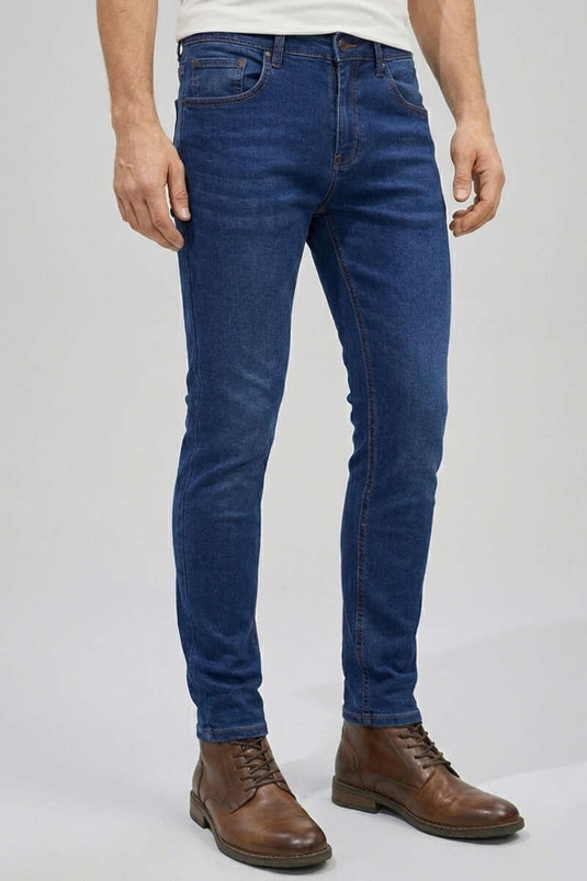 Pantalon en jean homme à taille étroite avec bouton à la taille, bleu foncé