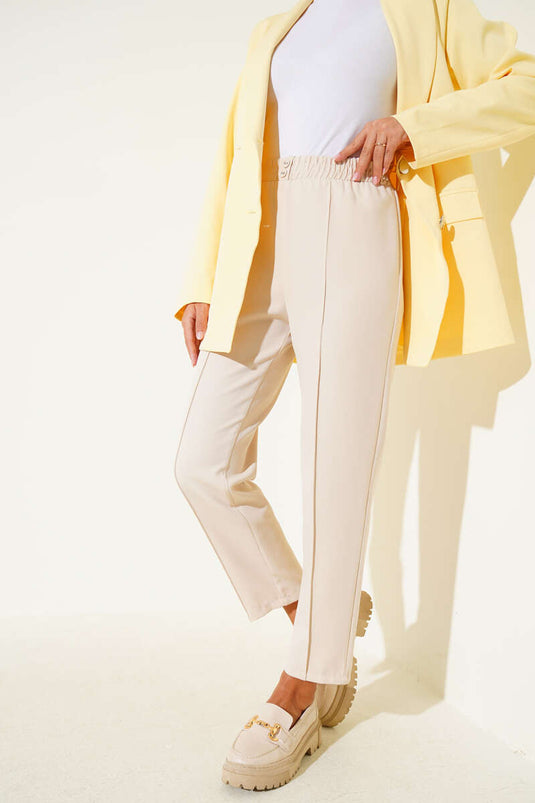 Dar Paça Bel Lastikli Çımalı Pantolon Bej