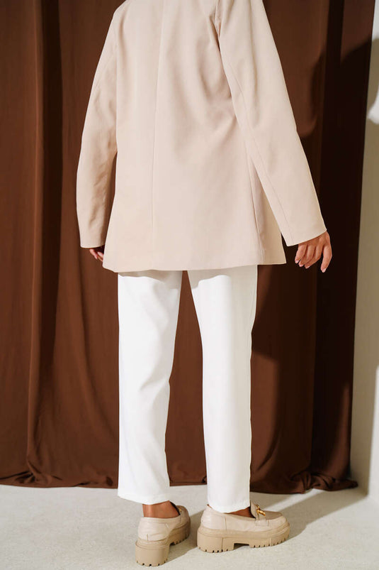 Dar Paça Bel Lastikli Çımalı Pantolon Ekru