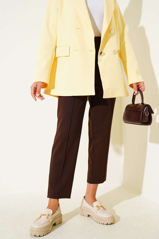 Dar Paça Bel Lastikli Çımalı Pantolon Kahve