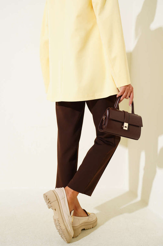 Dar Paça Bel Lastikli Çımalı Pantolon Kahve