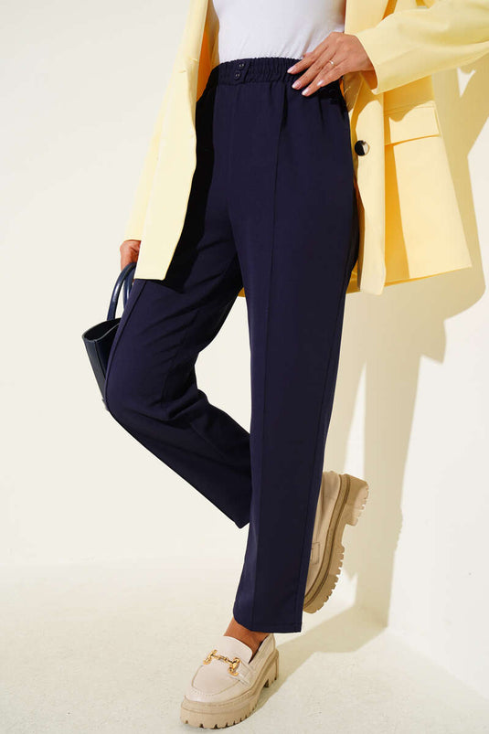 Dar Paça Bel Lastikli Çımalı Pantolon Lacivert