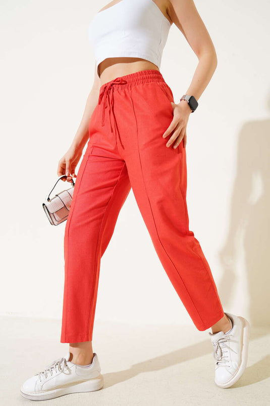 Pantalon slim à taille élastique et bas de jambes côtelés, coloris Tile