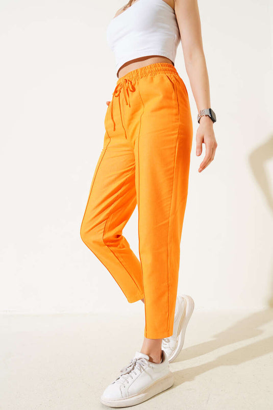 Dar Paça Çımalı Bel Lastikli Pantolon Oranj