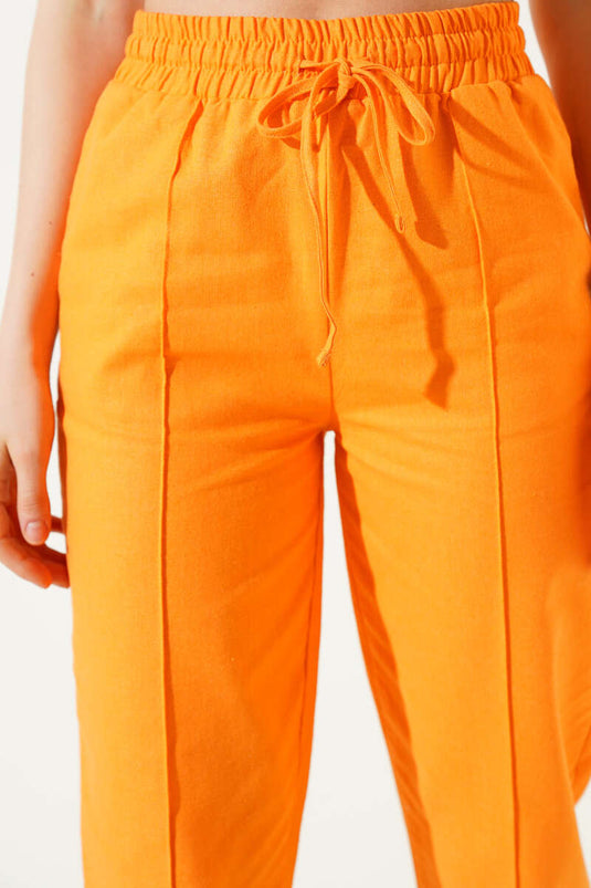 Dar Paça Çımalı Bel Lastikli Pantolon Oranj