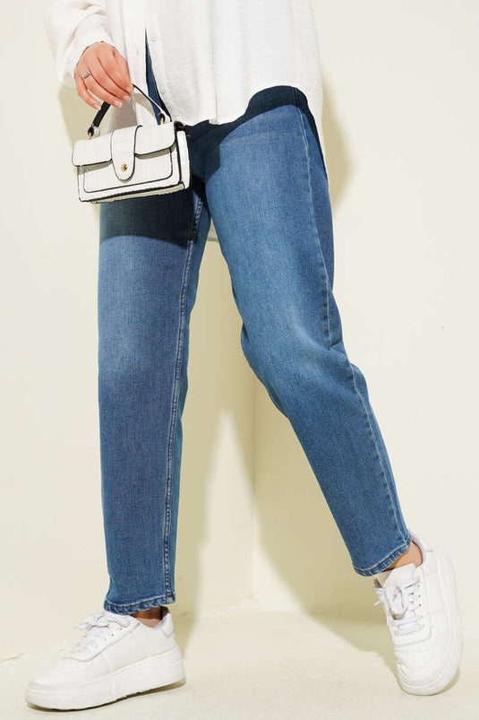 Skinny Leg Buttoned Mom Jeans Denim Blue