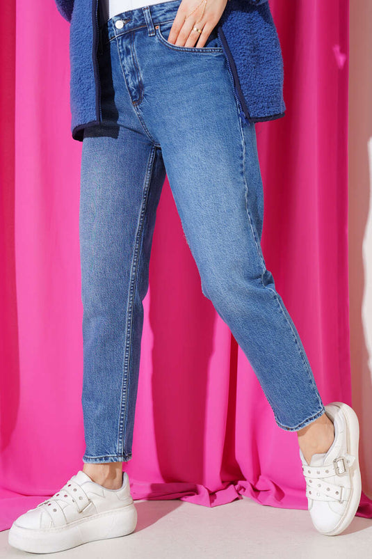 Skinny Leg Mom Jeans Blauw