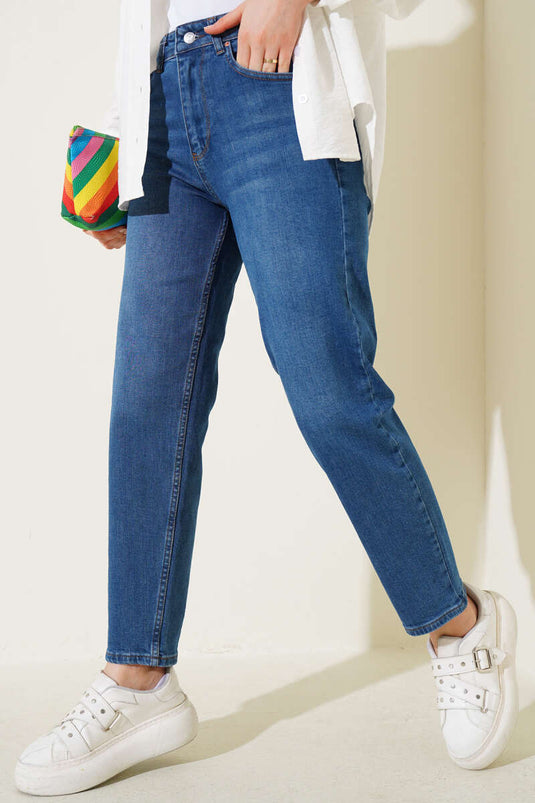 Skinny-Fit Mom-Jeans in Blau