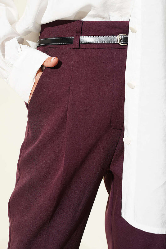 Pantalon En Tissu À Revers Avec Ceinture Couleur Prune