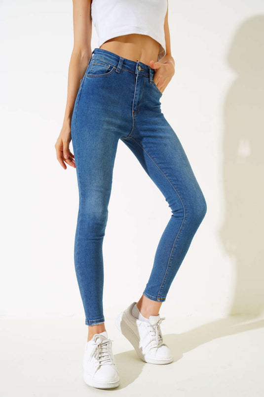 Dar Paça Yüksek Bel Kot Pantolon Orta Mavi