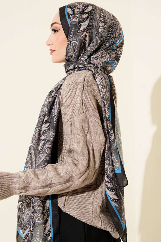 Châle doux à motif rétro foncé noir et bleu