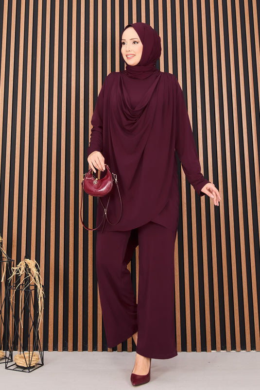 Ensemble deux pièces hijab sable avec débardeur drapé (bordeaux)