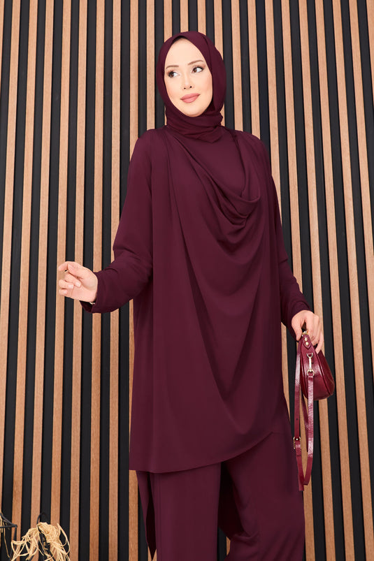 Ensemble deux pièces hijab sable avec débardeur drapé (bordeaux)