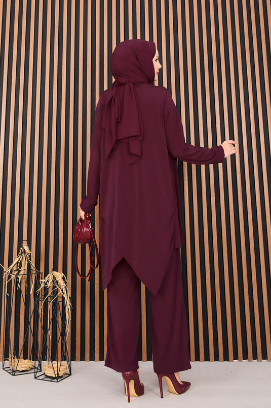 Ensemble deux pièces hijab sable avec débardeur drapé (bordeaux)