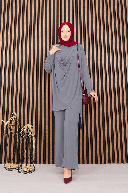Ensemble deux pièces Sandy Hijab Gris avec Dégaje drapé