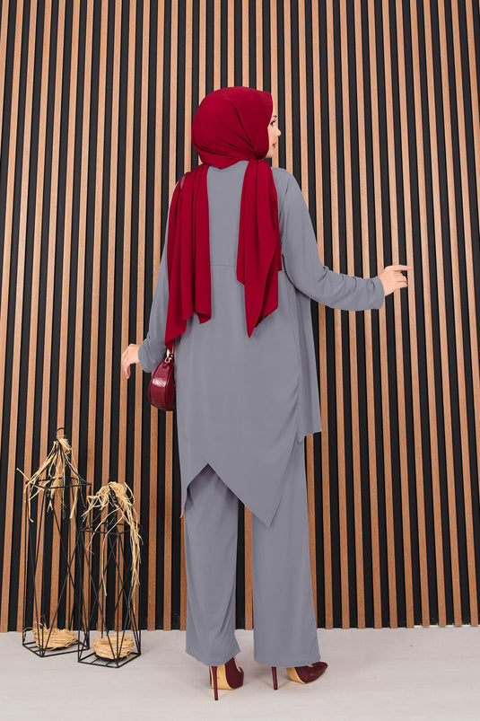 طقم حجاب ساندي مكون من قطعتين رمادي مع ديجاي منسدلة