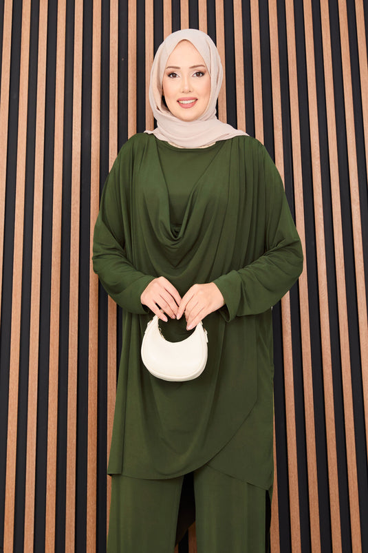 Ensemble deux pièces Sandy Hijab kaki avec débardeur drapé