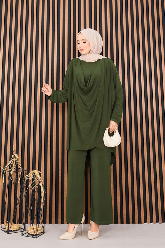 Sandy Hijab Double-Piece Suit Khaki with Draped Degaje