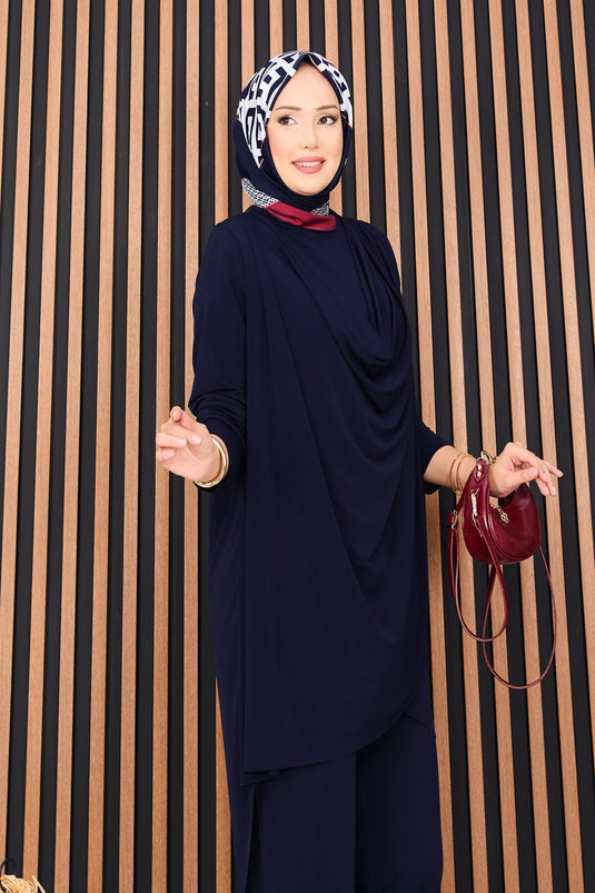 Ensemble deux pièces Sandy Hijab bleu marine avec débardeur drapé