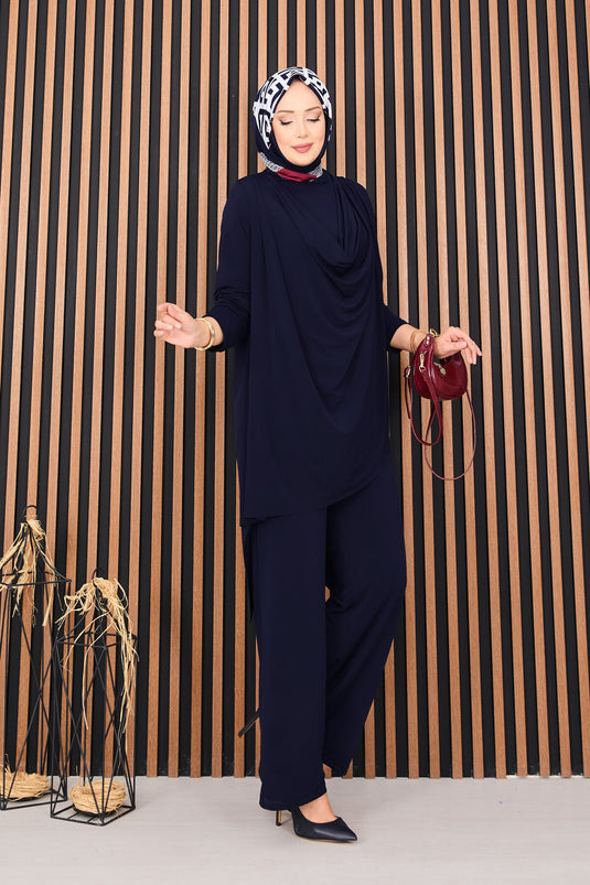 Degaje Dökümlü Sandy Tesettür İkili Takım Lacivert