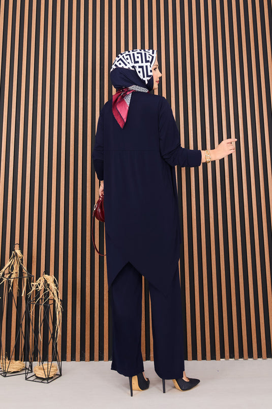 Degaje Dökümlü Sandy Tesettür İkili Takım Lacivert