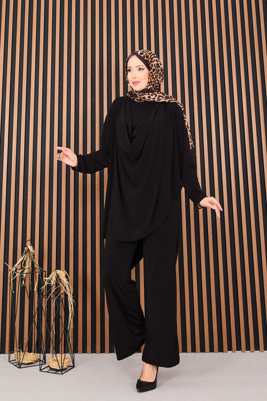 Sandy Hijab Two Piece Set Black with Draped Detail