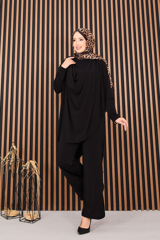 Ensemble deux pièces hijab Sandy noir avec détails drapés