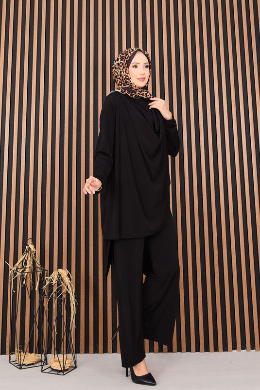 Sandy Hijab Two Piece Set Black with Draped Detail