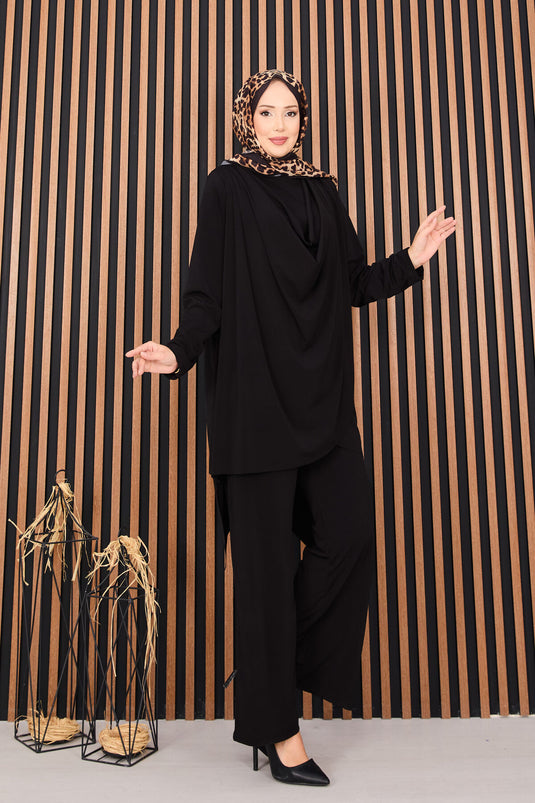 Sandy Hijab Two Piece Set Black with Draped Detail