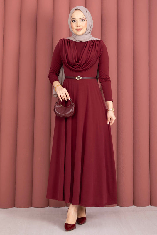 Sandy Dress with V-Neck and Waist Belt, Burgundy