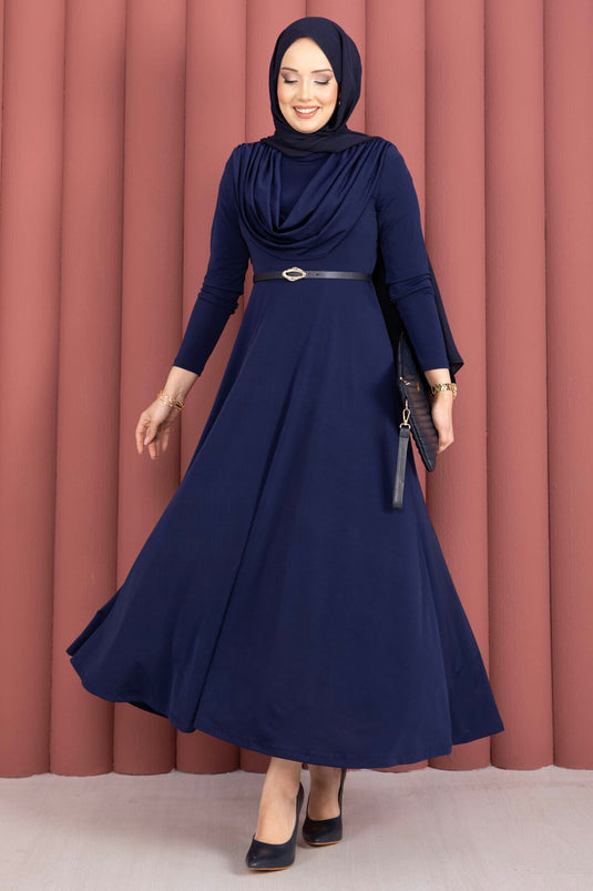 Sandy Dress with V-Neck and Waist Belt Navy Blue