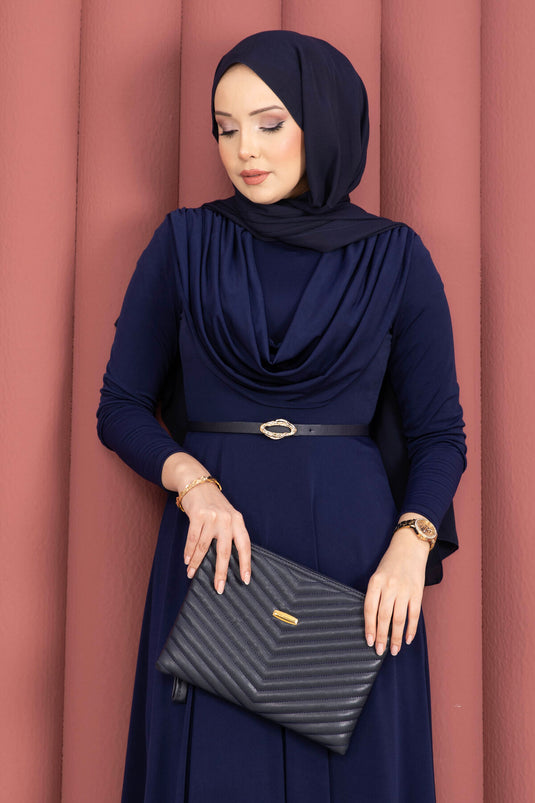 Sandy Dress with V-Neck and Waist Belt Navy Blue