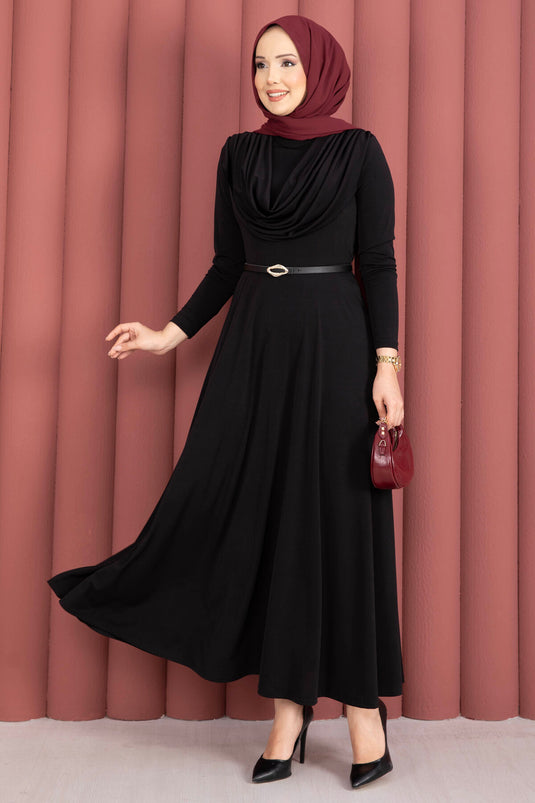 Sandy Dress with V-Neck and Waist Belt Black