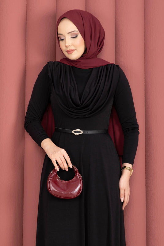 Sandy Dress with V-Neck and Waist Belt Black